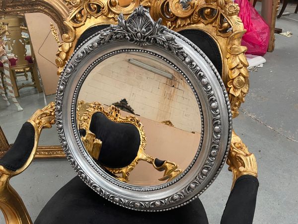 Antique style Round silver wooden framed mirror