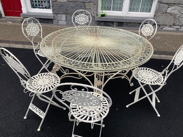BRAND NEW FRENCH METAL GLASS TOP TABLE & 6 CHAIRS