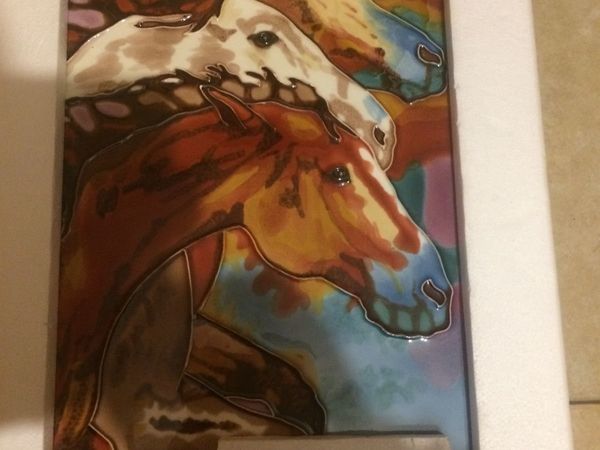 hand crafted art tile of horses new in box