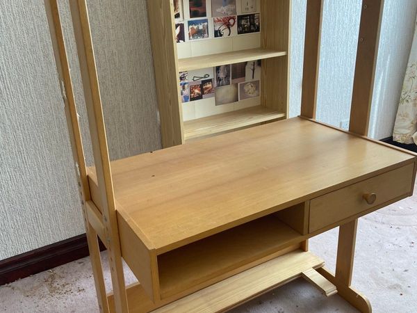 Wooden desk with shelf and drawer