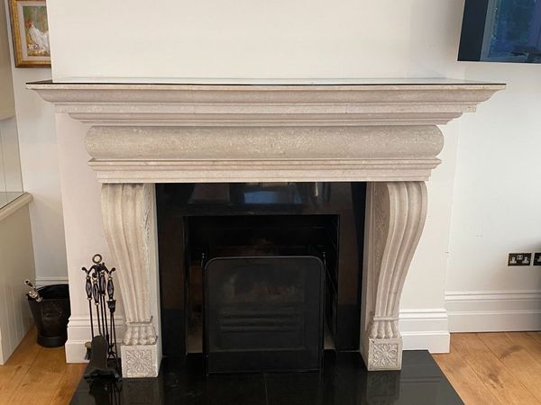 Extra Large Stone Fire place surround with glass mantle protector and grate