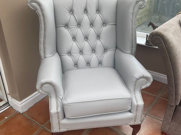 Pale Grey Queen Anne Leather, Grey Leather Queen Anne Chair