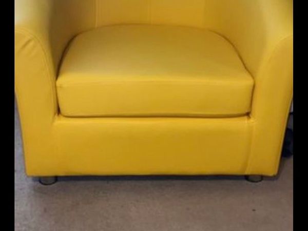 Faux leather Mustard tub chair & blue foot stool