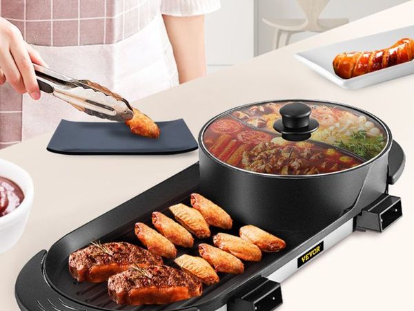 BRAND NEW 2 in 1 Electric BBQ Pan Grill Hot Pot Portable Smokeless Durable Material Fast Even Heated for Shellfish Vegetables Home