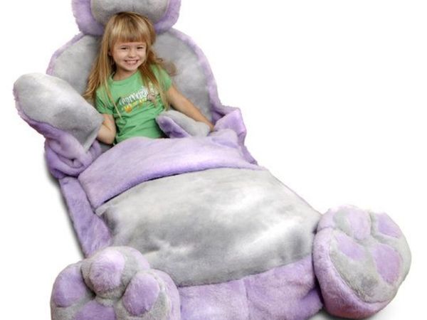 Teddy bed sleeping bag for kids - mattress, pillow, quilt/duvet, bedding and teddy bear all-in-one, 65x225cm, light purple & grey