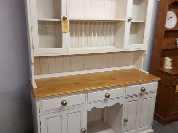 Large vintage pine kitchen dresser, white