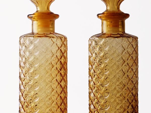 Pair Mid Century Italian Empoli Amber Glass Empoli Honeycomb Diamond Pattern Decanters
