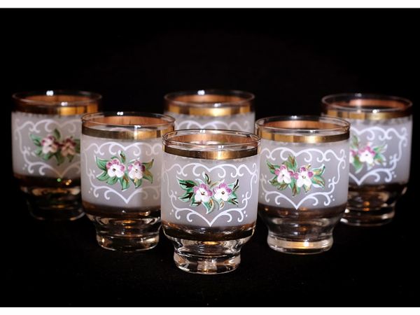Mid Century Vintage Liquer Shot Frosted Glasses With Gold Rims And Handpainted Floral Decoration