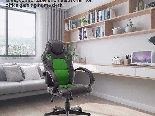 Ergonomic Gaming Chair, Computer Office Chair with Back Support, Home Work Desk Chairs with 360° Swivel Adjustable Height PU Leather Armrest Breathable Mesh Padded Seat,Green