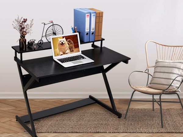 Computer Desk with Monitor Stand, Small Gaming PC Table Sturdy Writing Workstation Z-Shaped Modern Computer Desk for Small Place Home School Office,100 x 60 x 84 CM, Black