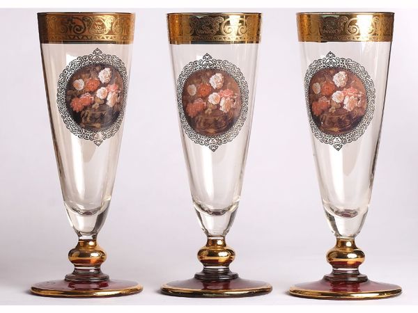 Vintage Via Veneto Italian Gold Rimmed Ball footed Champagne Prosecco Glasses