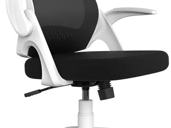 Office Chair Desk Chair Flip-up Armrest Ergonomic Task Chair Compact 120° Locking 360° Rotation Seat Surface Lift Reinforced Nylon Resin Base, White