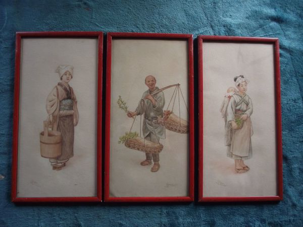 3 X Ryuko Tsutaya Watercolours - Japanese people in Traditional Dress - Signed