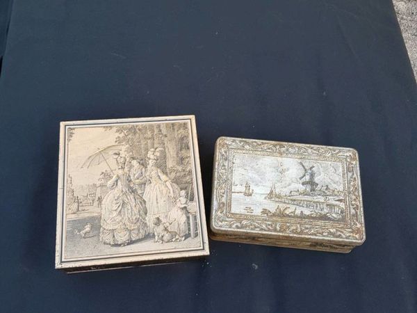 2 old metallic tin boxes