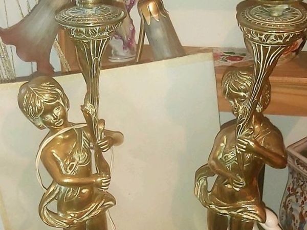 2 spectacular antique large brass lamps
