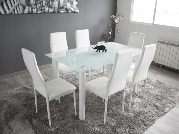New white glass dining table +6 chairs