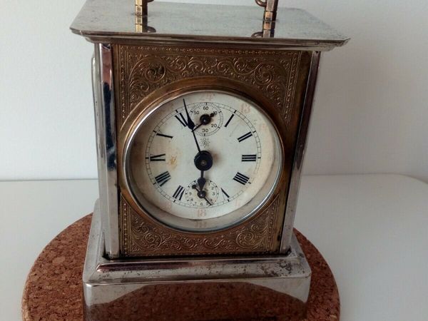 Antique Germany Junghans Carriage Music Box Alarm Clock Glass Side Panels