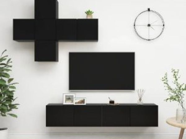 New*LCD 7 Piece TV Cabinet Set Black Chipboard