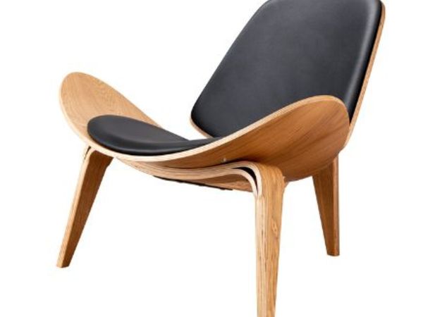 Black Leather Ashwood Shell Chair Genuine Single Sofa Chaise for Living Room