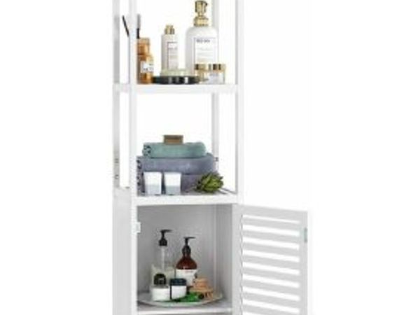 Bamboo Tall Cabinet Bathroom Storage Shelf With 3 Tiers Narrow Storage Cabinet Freestanding Shelves 1 Door Natural 33x33x169 cm