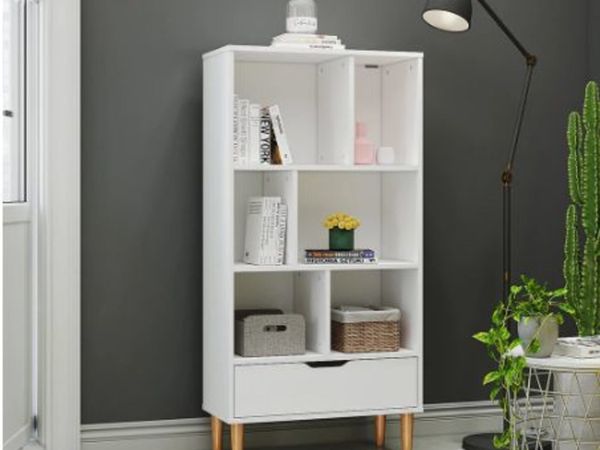 Living Room Bookcase Storage Cabinet Shelves Unit 6 Cube Bookshelf Freestanding With 1 Drawer Wooden Legs Display
