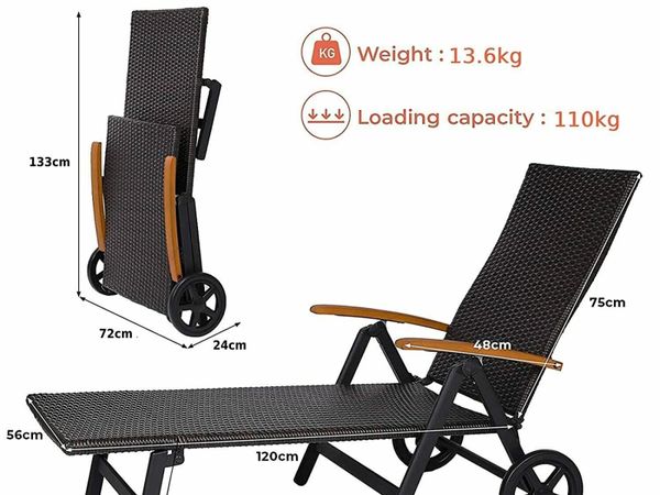 Rattan Sun Lounger Beach Chair Adjustable Deck Chair Folding Loungers for Patios, Backyards, Gardens, Pools Outdoor Furniture