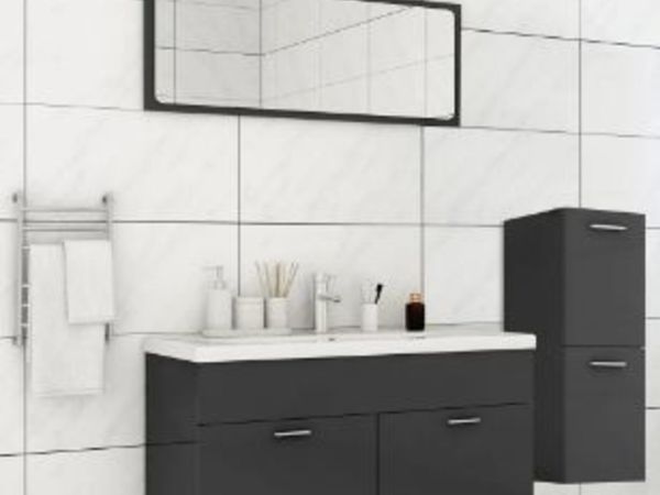 New*LCD Bathroom Furniture Set High Gloss Grey Chipboard