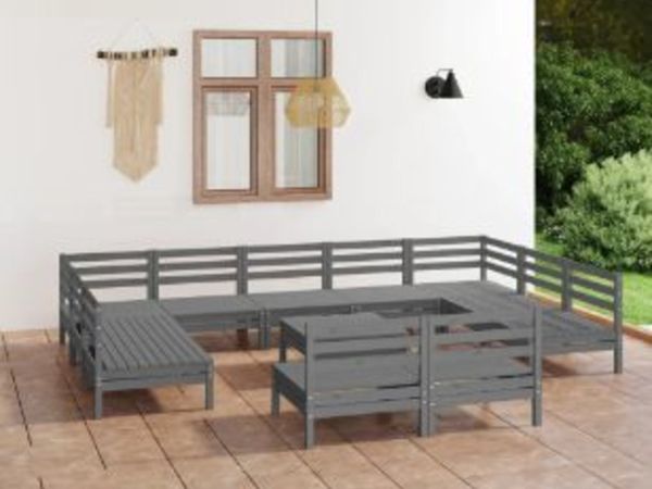 New*LCD 12 Piece Garden Lounge Set Grey Solid Pinewood