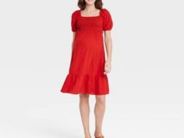 Red Linen Smocked Maternity Dress (NEW, XS)