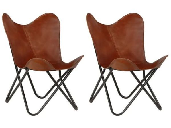 New*LCD Butterfly Chairs 2 pcs Brown Kids Size Real Leather
