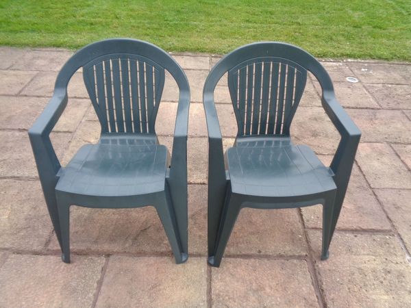 Green Plastic Stackable Outdoor Chairs x 2 for Sale