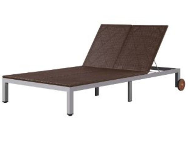New*LCD Double Sun Lounger with Wheels Poly Rattan Brown