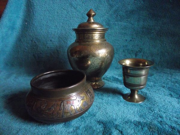 3 x Vintage Brass Containers - Bowl - Mini Pestle - Lidded Jar.