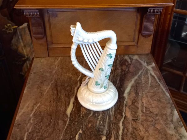 Vintage Belleek porcelain harp with hand paint shamrocks