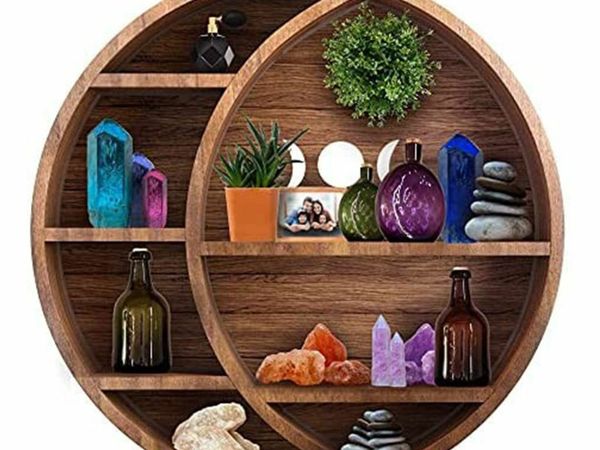 Wall Mounted Crystal Display Moon Shelf Wooden Decorative Shelves Home Decor Storage Holder Display Stands For Essential Oil