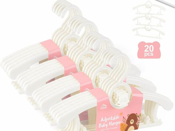 Set of 20 Plastic Nursery Baby Hangers with Space-saving Stackable Hooks Non-slip Extendable Hangers for Babies Toddlers Kids Children, White
