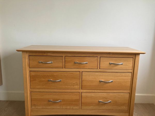 Solid oak chest of drawers, lockers and mirror