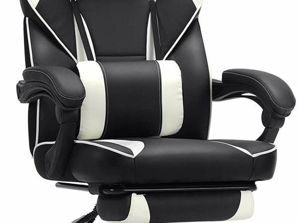 Black-White Gaming Chair, Desk Chair with Footrest, Office Chair with Headrest and Lumbar Cushion, Height Adjustable, Ergonomic, 90-135° Tilt Angle, 150 kg Load Capacity