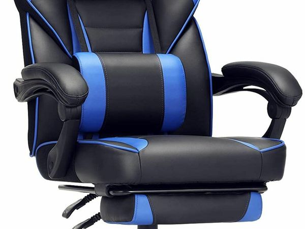 Black-Blue Gaming Chair, Desk Chair with Footrest, Office Chair with Headrest and Lumbar Cushion, Height Adjustable, Ergonomic, 90-135° Tilt Angle, 150 kg Load Capacity