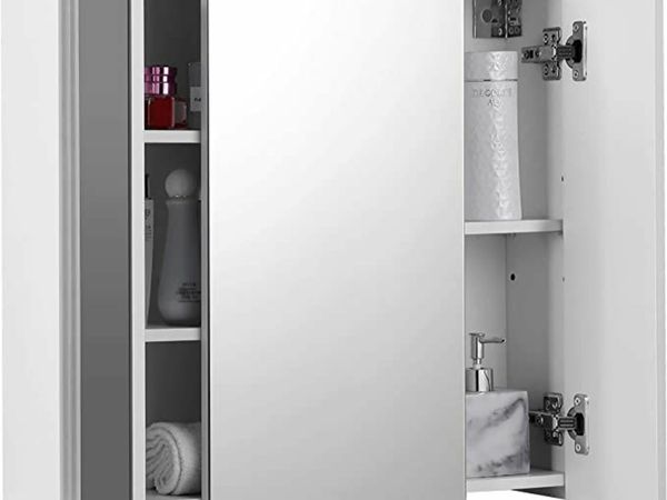 Mirrored Bathroom Cabinet Storage Cabinet with 3 Doors 60x15x55cm with Adjustable Shelves Modern White