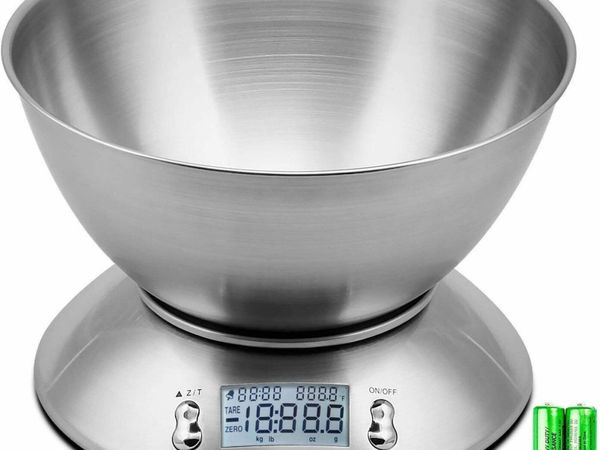 Electronic Kitchen Scales with Stainless Steel Mixing Bowl, Timer and Temperature Sensor, Digital Wet and Dry Food Weighing Scale for Cooking and Baking-11lb/5kg