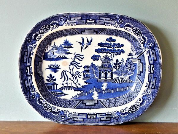 Blue and white serving platter, as found