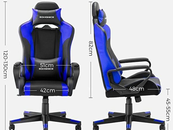 gaming chair, desk chair, computer chair, office chair, removable headrest, lumbar cushion, height adjustable, rocker function, load capacity up to 150 kg, ergonomic, black-blue