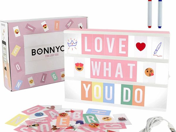 Pink Cinema Light Box with 400 Letters, Emojis & 2 Markers – BONNYCO | A4 Led Light Box Girl Room Decor, Home, Baby Shower | Letter Board Novelty Gifts for Women and Girls at Christmas, Birthdays