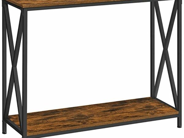 console table, side table, hallway table, sofa table, cross braces, 100 x 35 x 80 cm, for living room, hallway, steel frame, industrial design, vintage brown-black