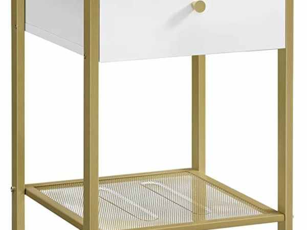 Bedside Table Side Table with Drawer and Mesh Shelf for Bedroom Living Room Modern White Gold