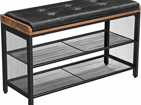 Shoe bench, padded bench with lattice shelf, shoe rack, 80 x 30 x 48 cm, hallway, bedroom, metal, space-saving, industrial design, imitation leather, vintage brown-black