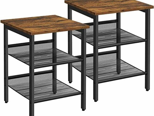 Side Tables, Set of 2, Bedside Tables, Industrial Style, with Adjustable Wire Mesh Shelves, for Living Room, Bedroom, Hallway, Office, Stable, Rustic Brown and Black