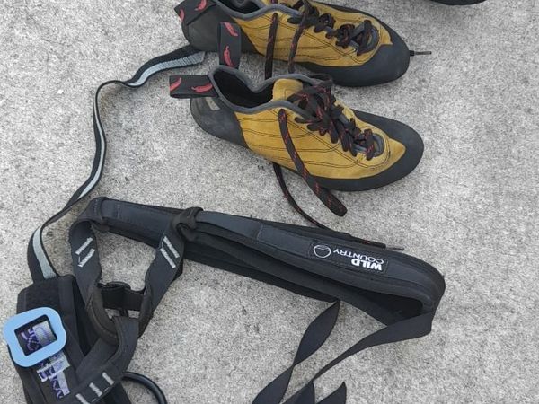 Rock climbing harness and shoes
