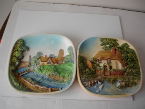 Two  Vintage Legends England 3D Chalkware Beside the River  Plaques Wall Art